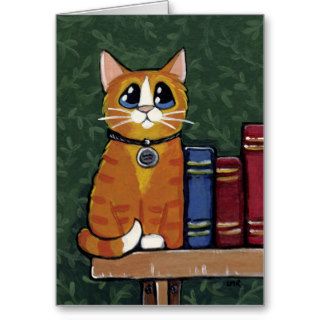 Ginger Tabby Cat and Books Painting Greeting Card