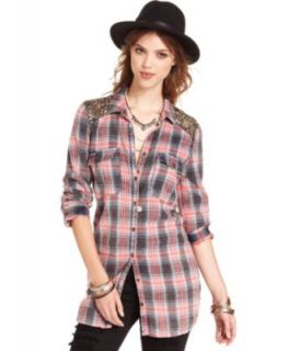 Free People Long Sleeve Plaid Patchwork Shirt   Tops   Women