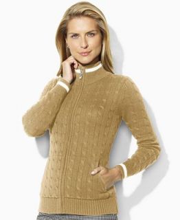 Lauren by Ralph Lauren Sweater, Tiona Long Sleeve Cable Knit Mock Turtleneck Zip Up   Sweaters   Women