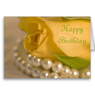 Yellow Rose and Pearls Happy Birthday Card