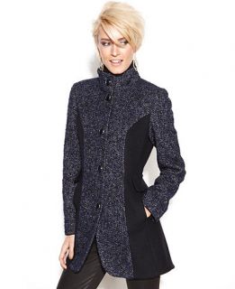 kensie Tweed Colorblock Funnel Neck Walker Coat   Coats   Women