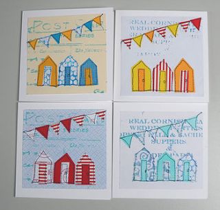 pack of four beach hut and bunting cards by sandra hardy
