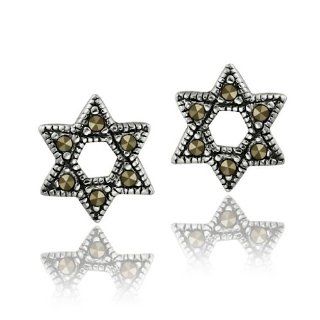 Sterling Silver Marcasite Star of David Stud Earrings Jewelry