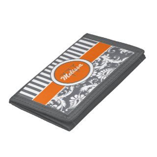 Orange Gray White Floral, Striped Tri Fold Wallet