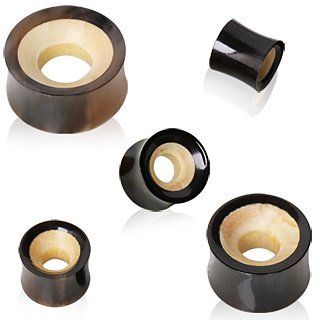 Double Flared Buffalo Horn FleshTunnel Ear Plugs With Crocodile Wood Inlay  9/16" (14mm)   Sold as a Pair Double Flared Body Piercing Tunnels Jewelry