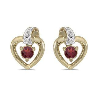 14K Yellow Gold Round Garnet and Diamond Heart Shaped Earrings Stud Earrings Jewelry