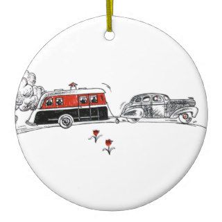 Antique RV Camper and Car Drawing Christmas Tree Ornaments