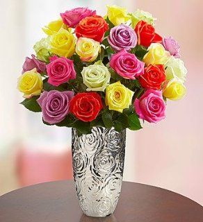1 800 Flowers   Two Dozen Assorted Roses   with Silver Embossed Vase   Artificial Flowers