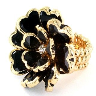 Polished Goldtone Jet Black Flower Heart Petal Stretch Ring West Coast Jewelry Fashion Rings