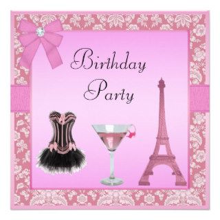 Chic Pink Paris Damask Corset Birthday Party Invitations