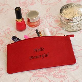 leather 'hello beautiful' make up bag by chapel cards
