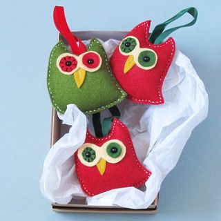three handmade felt owl christmas decorations by thebigforest