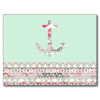 Girly Nautical Anchor Pink White Floral Aztec Post Cards