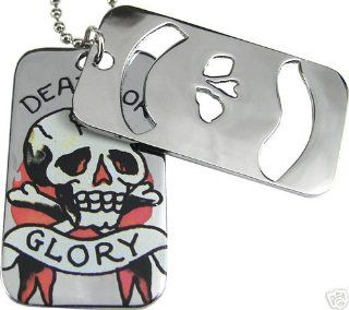 Ed Hardy DEATH OR GLORY DIE CUT DOUBLE Dog Tag Pendant Necklace ~ Boxed Jewelry