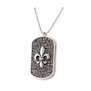 Black Crystal Celtic Fleur De Lis Dog Tag Pendant on 28 to 31 Inch Long Necklace Chain Jewelry