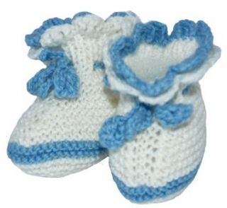 Hand Knit Elegant Baby Booties, Size 0 6m, Color White/Blue Clothing