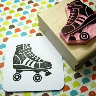 roller skate hand carved rubber stamp by skull and cross buns