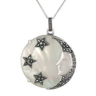 Victoria Crown TM Marcasite Mother of Pearl Star/Moon Necklace on 18" Chain Star Moon Jewelry Jewelry