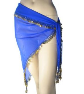 Single row Bellydance Coin Hip Scarf, Crocheted Detail, Beads, Belly Dance Coins (Blue/Gold) World Apparel Clothing