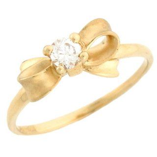10k Yellow Gold Pretty Bow Design Round CZ Satin Finish Promise Ring Jewelry