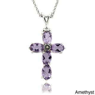 Dolce Giavonna Silver Overlay Amethyst and Marcasite Cross Necklace Dolce Giavonna Gemstone Necklaces