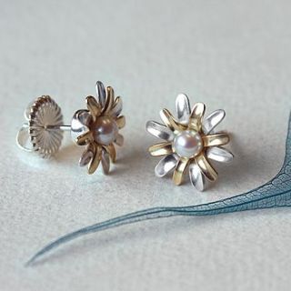 pearl, gold and silver flower earrings by louise mary designs