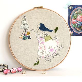 'jolly lovely lady' embroidery hoop artwork by three red apples