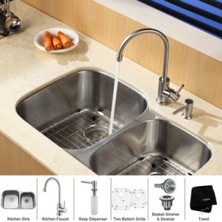 Kraus Undermount 32 Double Bowl Kitchen Sink with Single Lever Faucet