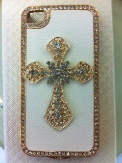 White 3D Deluxe Gold Leather Chrome Bling Diamond Jesus Cross Case For iPhone 5 5G Cell Phones & Accessories