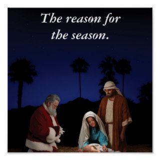 Santa Kneeling at Nativity Print