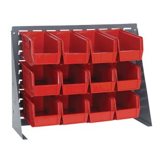 Quantum Storage Bench Rack with 12 Bins — 27in.L x 8in.W x 21in.H Rack Size, Red Bins, QBR-2721-230-12RD  Single Side Bin Units