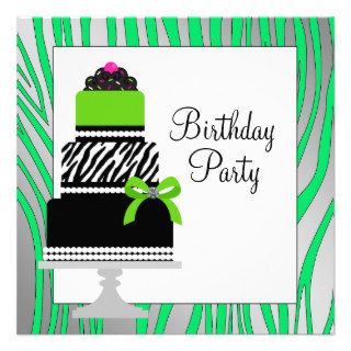 Lime Green Zebra Cake Cupcake Birthday Party Personalized Invitation