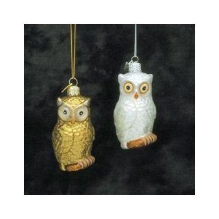 Pack of 8 Glass Blown Gold & White Owls Christmas Ornaments 3"  