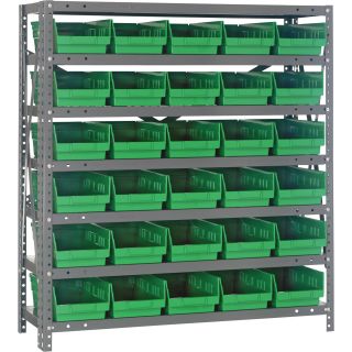 Quantum Storage Steel Shelving System with 30 Bins —  36in.W x 12in.D x 39in.H Rack Size, Green, Model# 1239-102GN  Single Side Bin Units