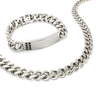 Stainless Steel Cubic Zirconia ID Bracelet and Necklace Set West Coast Jewelry Men's Bracelets
