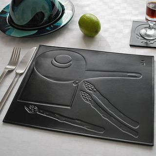 tooled leather asparagus and pan placemat by sue lowday