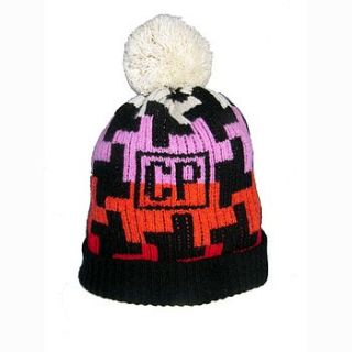 personalised dogtooth knitted bobble hat by one woman collective