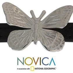 Sterling Silver 'Monarch Butterfly' Leather Bracelet (Mexico) Novica Bracelets