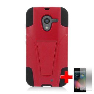 Motorola Moto X Phone (AT&T, US Cellular, Verizon, Sprint) 2 Piece Silicon Soft Skin Hard Plastic Shell Kickstand Case Cover, Black/Red + LCD Clear Screen Saver Protector Cell Phones & Accessories