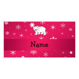Personalized name polar bear pink snowflakes photo card template