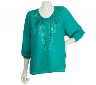 Bob Mackies Scoopneck Sequin Feather Button Front Crinkle Blouse —