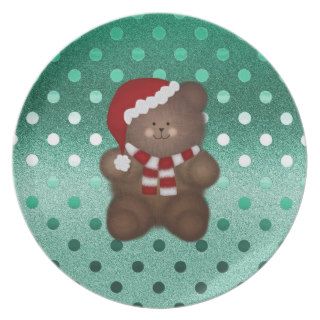 Christmas Teddy Bear And Green Polka dot Plate