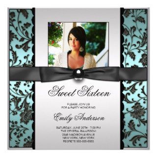 Teal Blue Black Damask Photo Sweet 16 Party Announcement