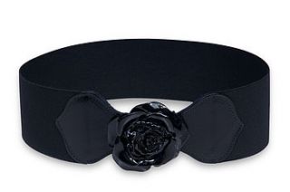 black lacquer rose buckle elastic waist belt by madison belts