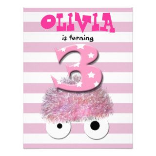 pink girly funny cute girl's 3rd birthday custom invitation