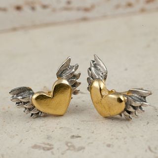silver and gold chubby winged heart earrings by sophie harley london