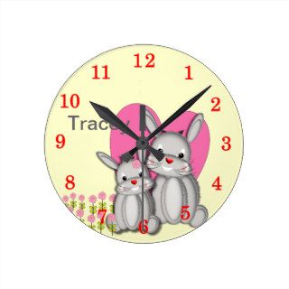 Cute Fluffy Bunny Rabbits Personalized Name Round Wall Clock