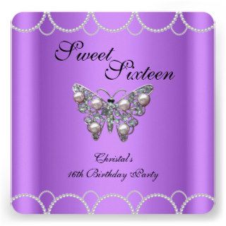 SWEET 16 Purple Butterfly Pearl Birthday party Personalized Invitation