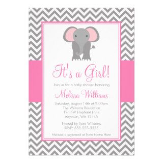 Elephant Chevron Pink Gray Girl Baby Shower Invitations