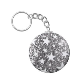 White Stars on Silver Glitter Look Keychains